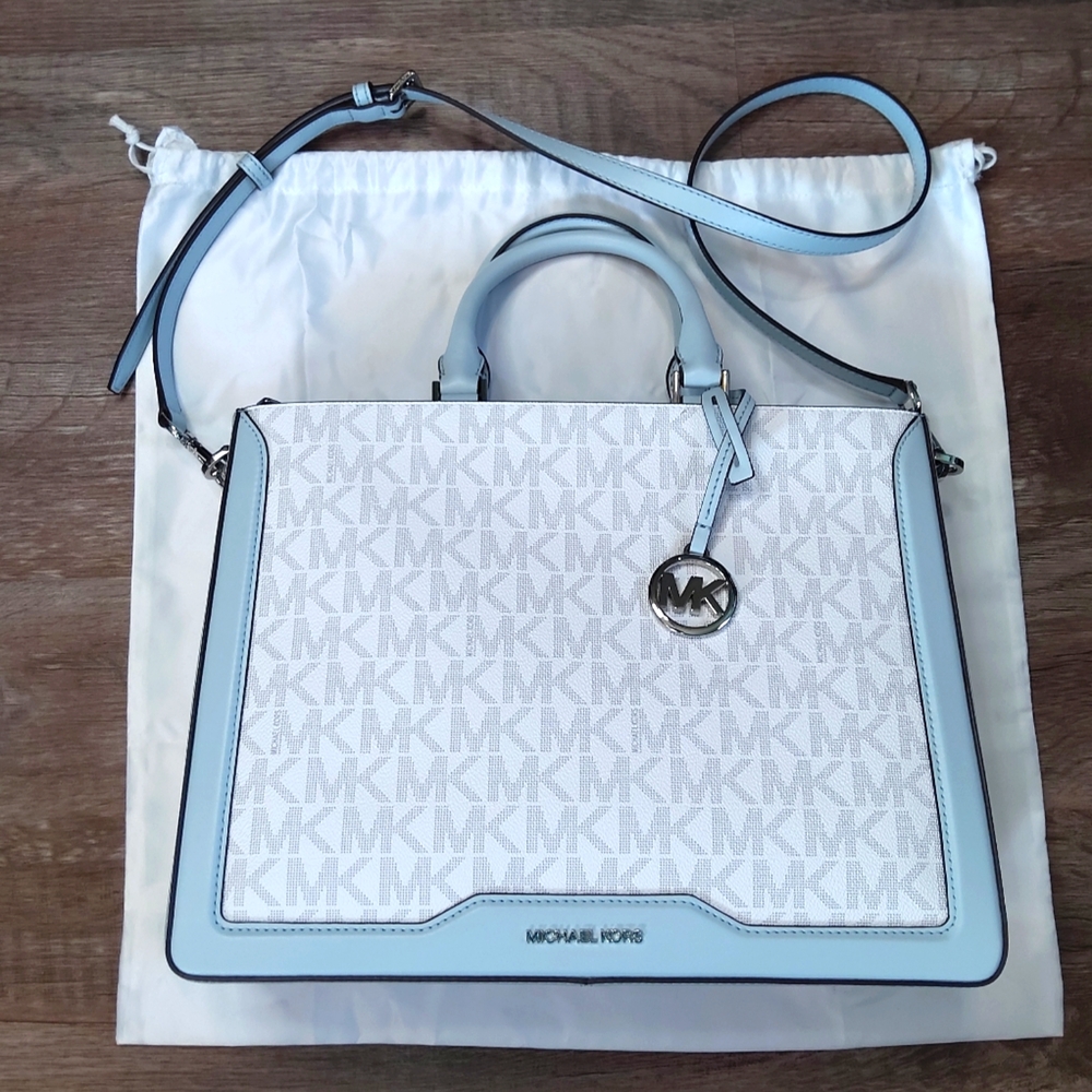 Michael Kors White and Light Blue MK Logo Satchel Shoulder Bag